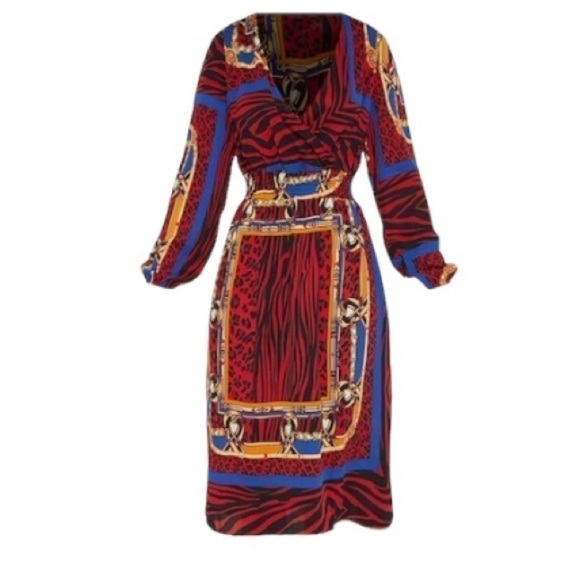 NWOT Pretty Little Thing Chain Animal Print Patchwork Wrap Front Midi Dress - Picture 1 of 8